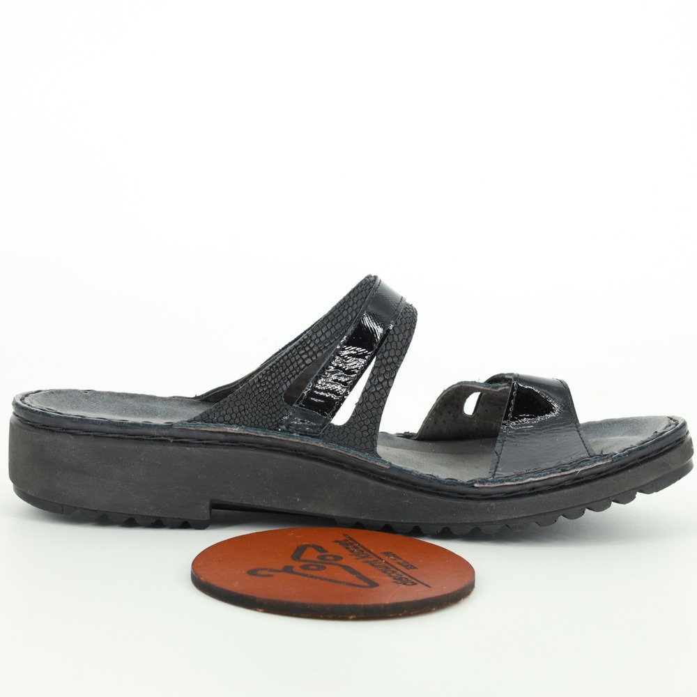 Naot Black Snakeskin Leather Slide Sandals Size 8 (39) Adjustable Straps Comfort